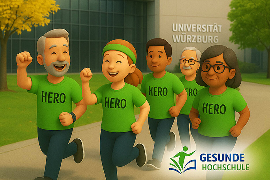 KI-erzeugte Abbildung im Comicstil: Fünf Menschen laufen gemeinsam auf dem Campus der Uni Würzburg.